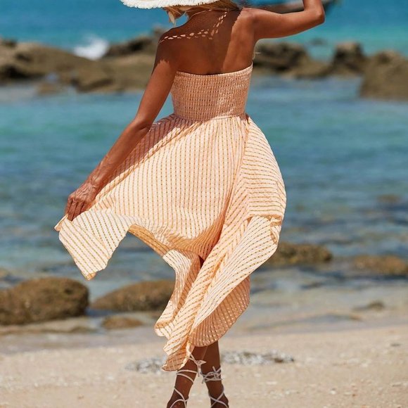 Coral Orange Womens Plaid Knot Front Asymmetrical Hem Tube Dress - Picture 2 of 5